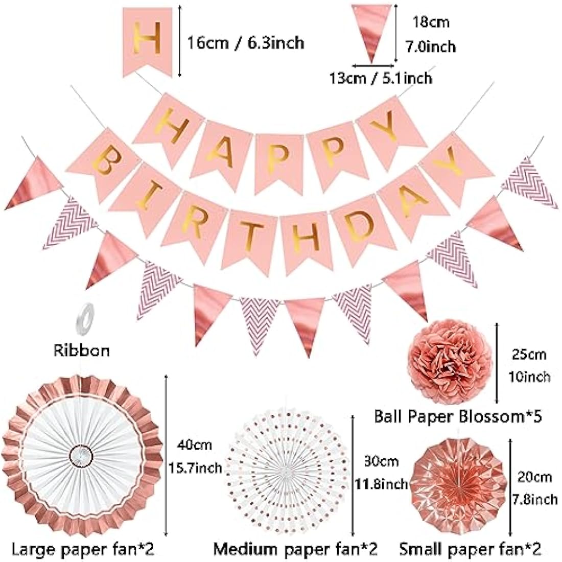 Rose Gold Reusable Birthday Decorations Kit Womens Birthday Party Decorations Rose Gold Banner Bunting Honeycomb Paper Lanterns Paper Fans