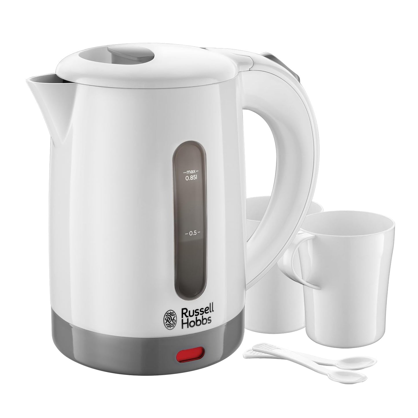 Russell Hobbs Electric 0.85L Travel Kettle, Small & Compact, Dual voltage, Ideal for abroad/caravan/camping, inc 2 cups & spoons, Removable washable