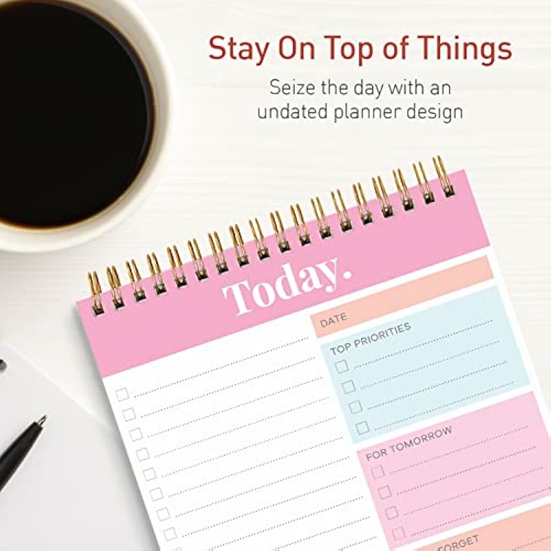 S&O Daily Planner Notepad for Productivity - 52 Page Routine Journal- Undated Writing pad and Organizer – Everyday To-Do List Action list - Coiled Regular Task Checklist- PINK