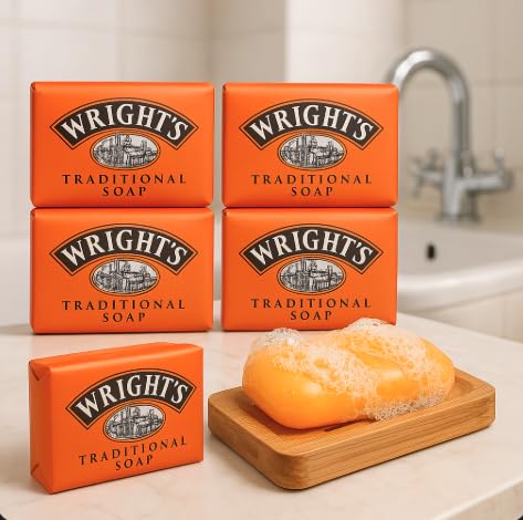 Wright's Coal Tar Traditional Soap -Pack of 4 with Sanitral Natural Wooden Bamboo Soap Dish Storage Holder-Cleaning Set
