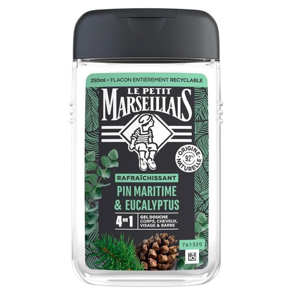 Le Petit Marseillais - Shower Gel for Men, Maritime Pine & Eucalyptus (250ml Bottle), 4-in-1 Formula for Body, Hair, Face & Beard, 92% Ingredients of