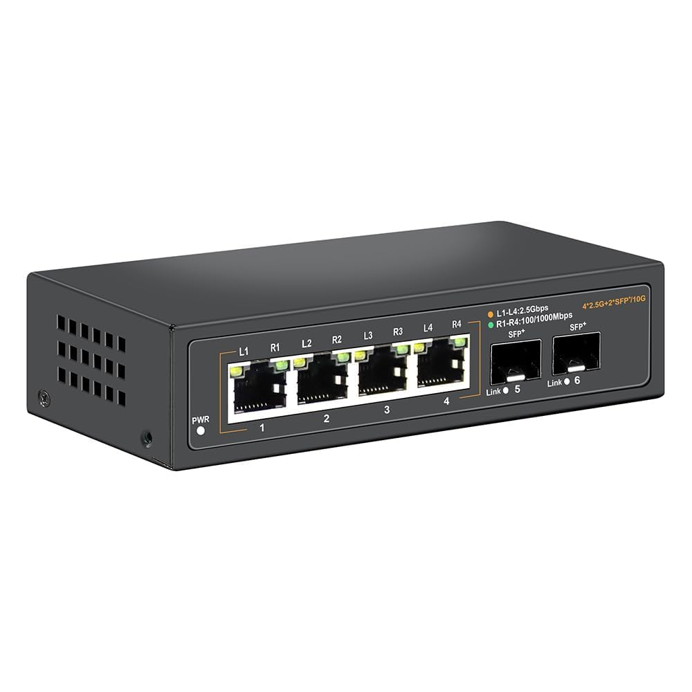2.5G Unmanaged Ethernet Switch with 4 x 2.5G Base-T Ports and 2 x 10G SFP Uplink Port, Compatible with 100/1000/2500Mbps, Fanlesss Design, Plug &