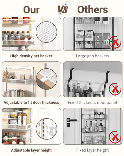 TOPWE Over Door Storage, 6-Tier Adjustable Pantry Door Organizer Shelves with Hook for Each Layer, Back Door Metal Hanging Spice Rack for Kitchen