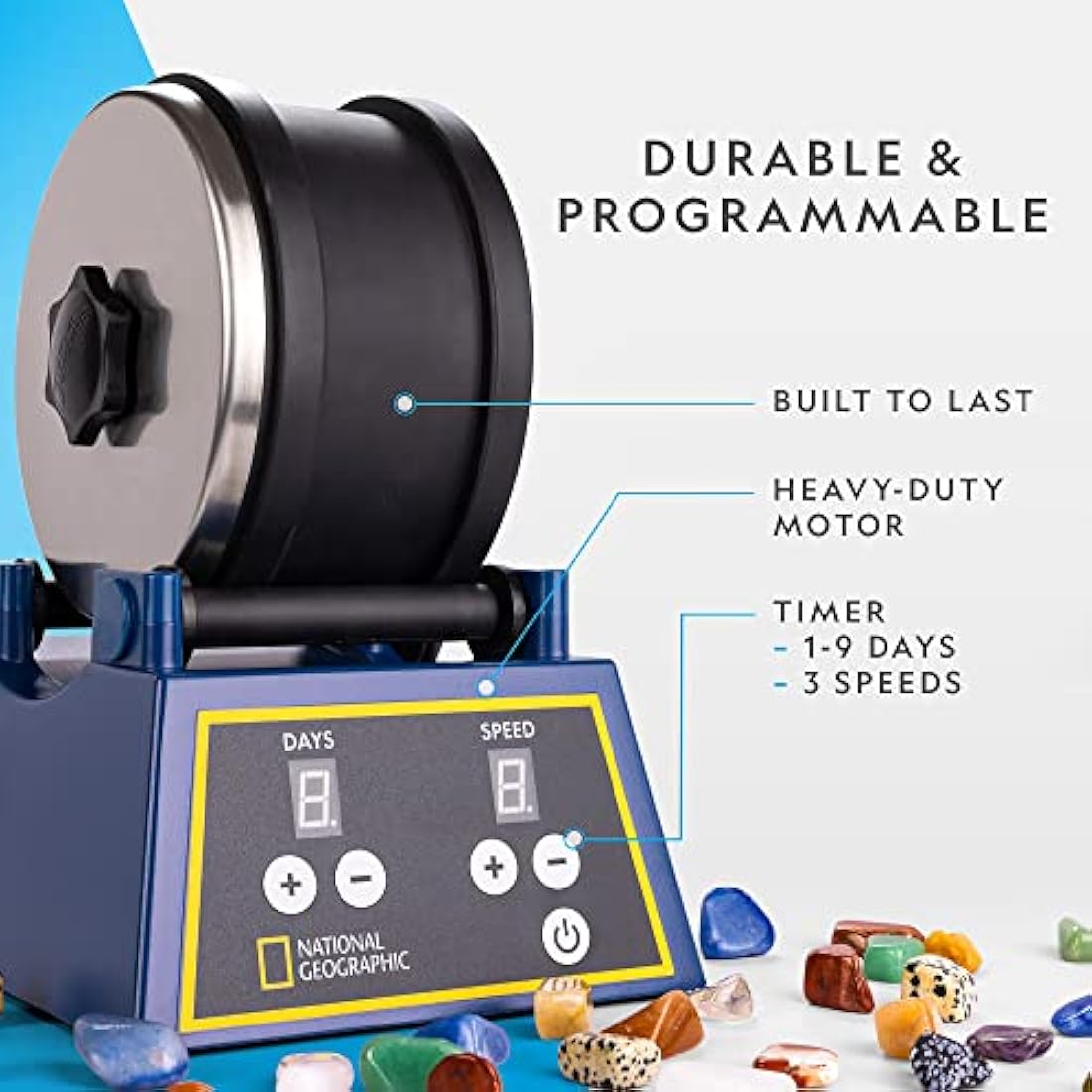 NATIONAL GEOGRAPHIC Rock Tumbler Kit - 1.36 kg Extra Large Capacity Barrel with 3-Speed Motor & 9-Day Timer, Includes Rocks for Tumbling & Rock Polisher Grit, Rock Tumbler Machine for Adults & Kids