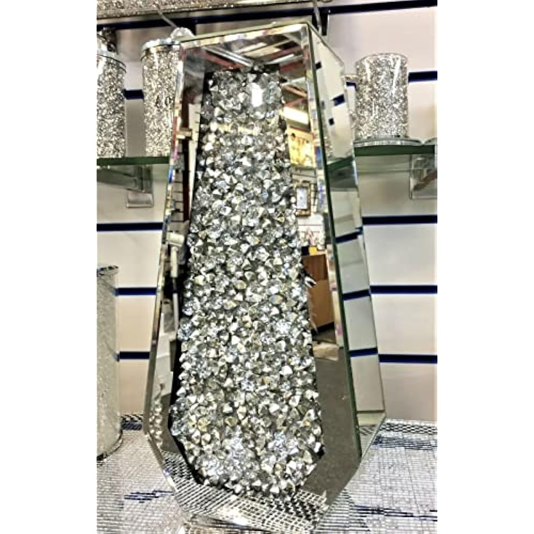 Biznest Large 40Cm Sparkle Diamond Crushed Crystal Sparkly Silver Mirrored Floor Vase Cuffin Shape