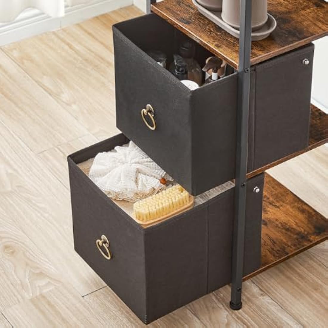 HOOBRO Tall Bathroom Cabinet, Narrow Corner Storage Cabinet, Slim Corner Shelf Unit with 3 Fabric Drawers and 2 Open Shelves, Narrow Storage Unit for Living Room, Rustic Brown and Black EBF140CW01