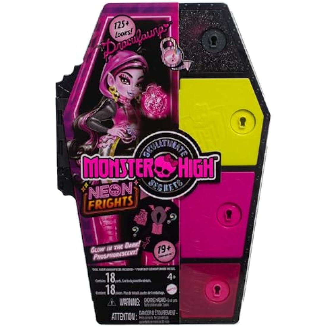 Monster High Doll and Fashion Set, Draculaura Doll, Skulltimate Secrets: Neon Frights, Dress-Up Locker with 19+ Surprises, HNF78