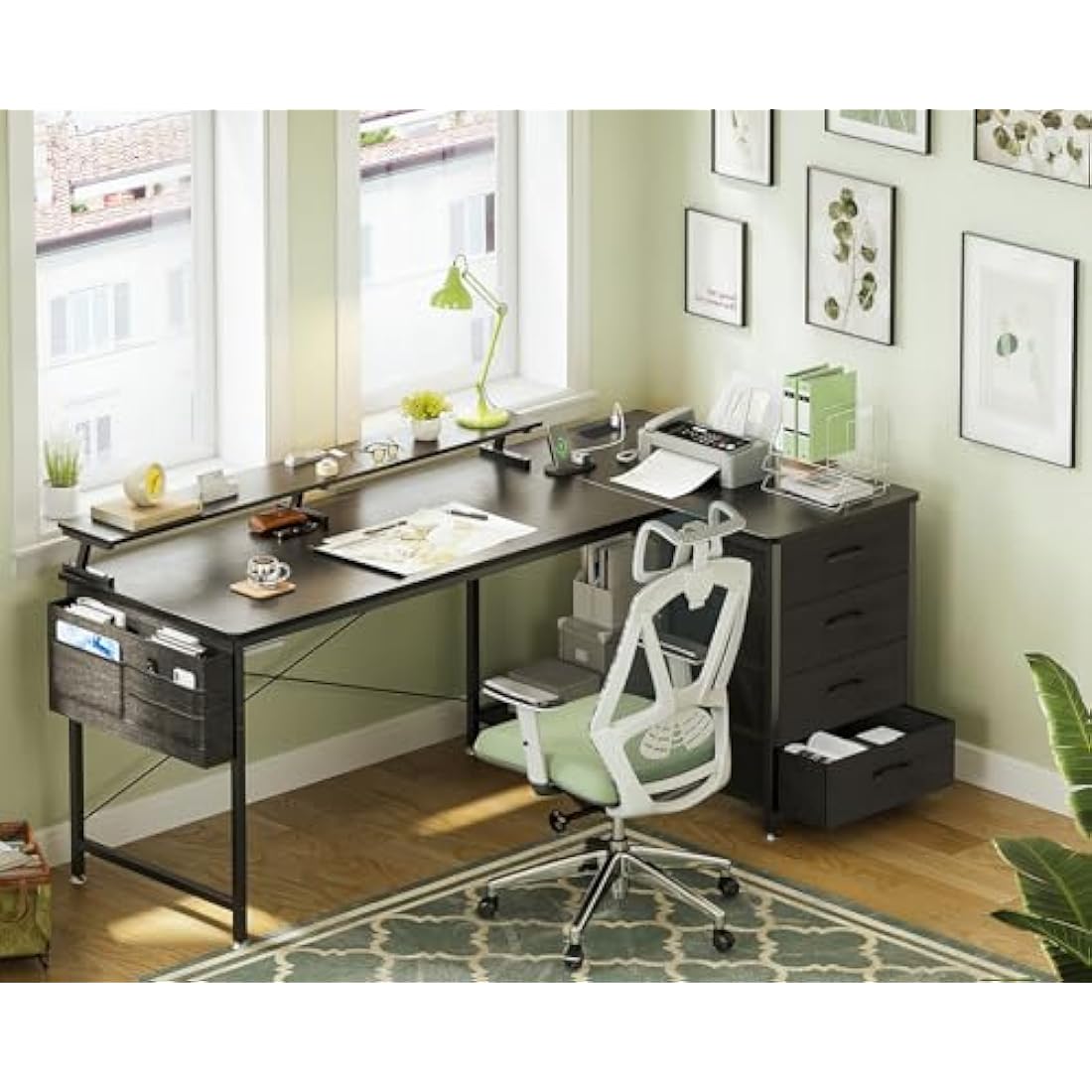 ODK Corner Desk with Drawers, L Shaped Computer Desk 160x80cm with USB Charging Port & Power Outlet, Home Office Desk with Monitor Stand and PC Stand, Gaming Desks Workstations, Black