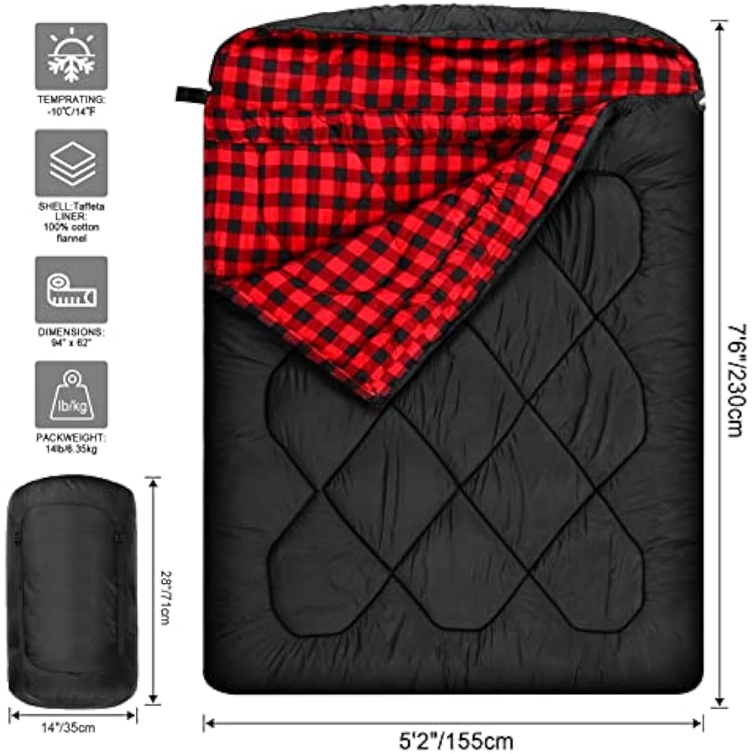 Winter 0 Degree Double Sleeping Bag, Double Wide Queen Size 2 Person Sleeping Bag With 100% Cotton Flannel Lining, Warm And Waterproof For Camping, Fishing or Hunting in Cold Weather