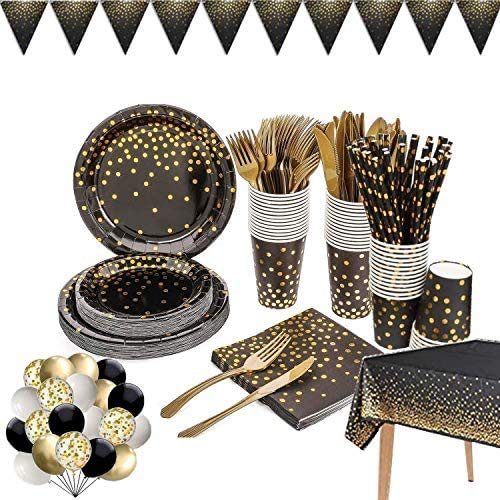 142 Pieces Black and Gold Party Supplies Set, Golden Dot Partys Dinnerware, Include Black Paper Plates Napkins Cups, Gold Forks Knives for Graduation,