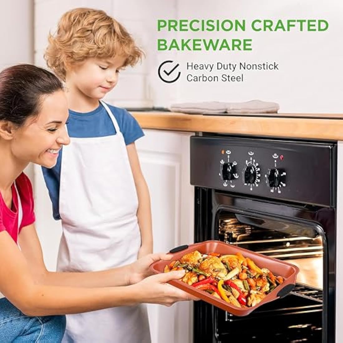 NutriChef 10-Piece Non-Stick Baking Pans Set - Premium Nonstick Carbon Steel Oven Bakeware - Includes Cookie Sheets, Muffin & Cake Pans, Pizza Crisper, Roasting Pans, w/Silicone Handles - Copper