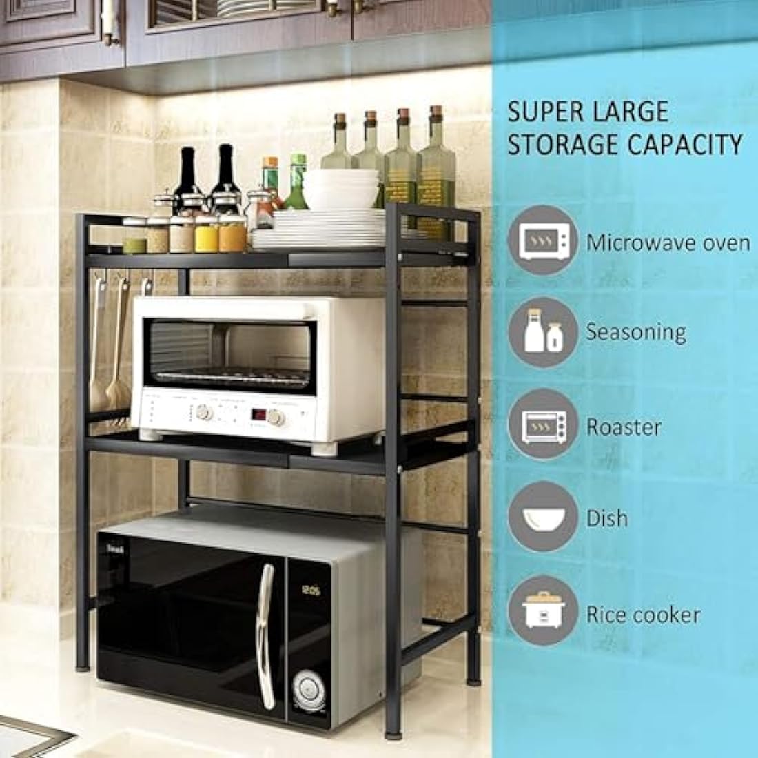 Haipky 3-Tier Expandable Microwave Oven Rack with 6 Hooks, Adjustable Metal Kitchen Shelf Stand for Countertop, Black Baker Rack Organizer