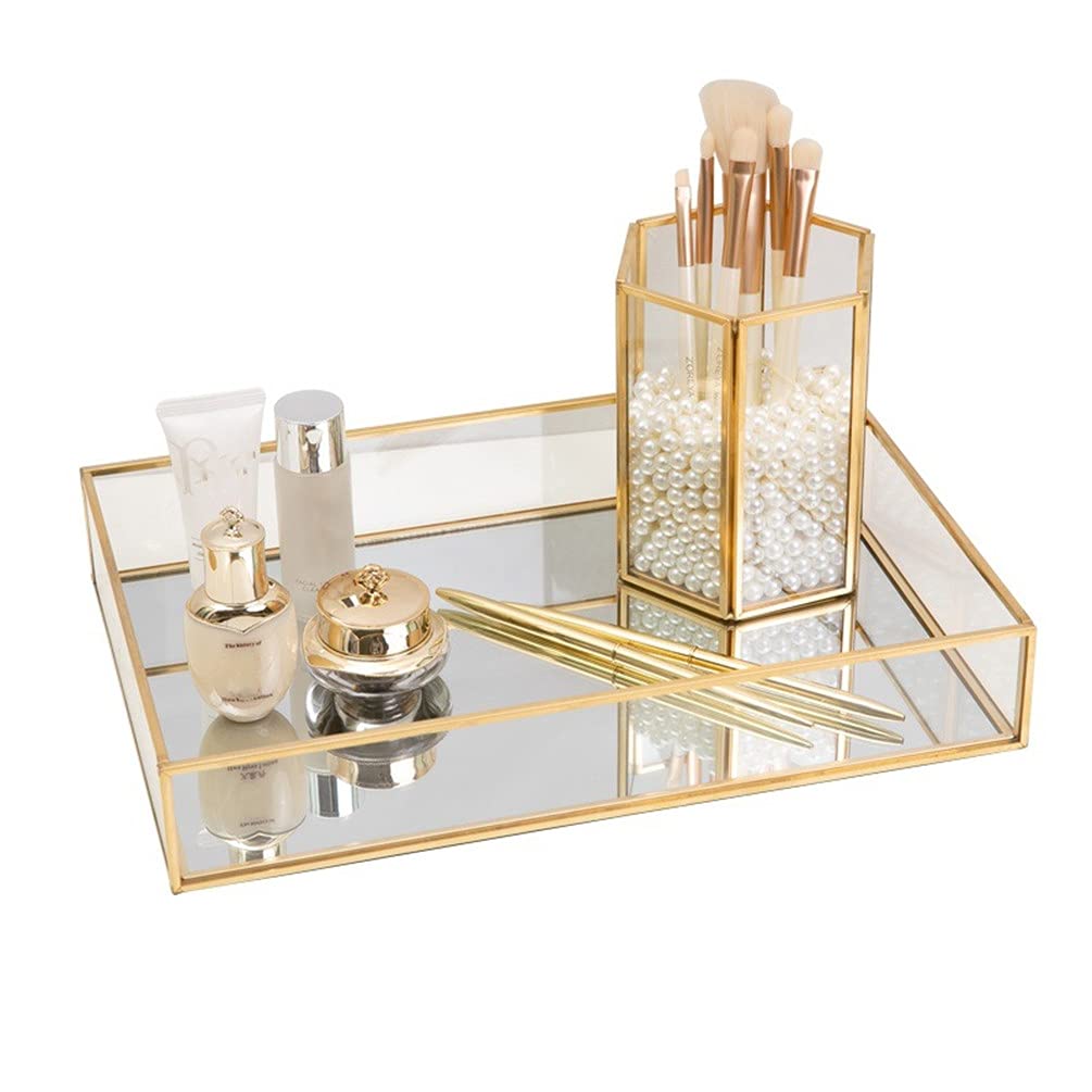 Gold Mirror Perfume Display Jewelry & Makeup Organizer - Art Decor Ornate Tray (30 * 20 * 5.5cm) - Suitable For Vanity, Closet, Dresser