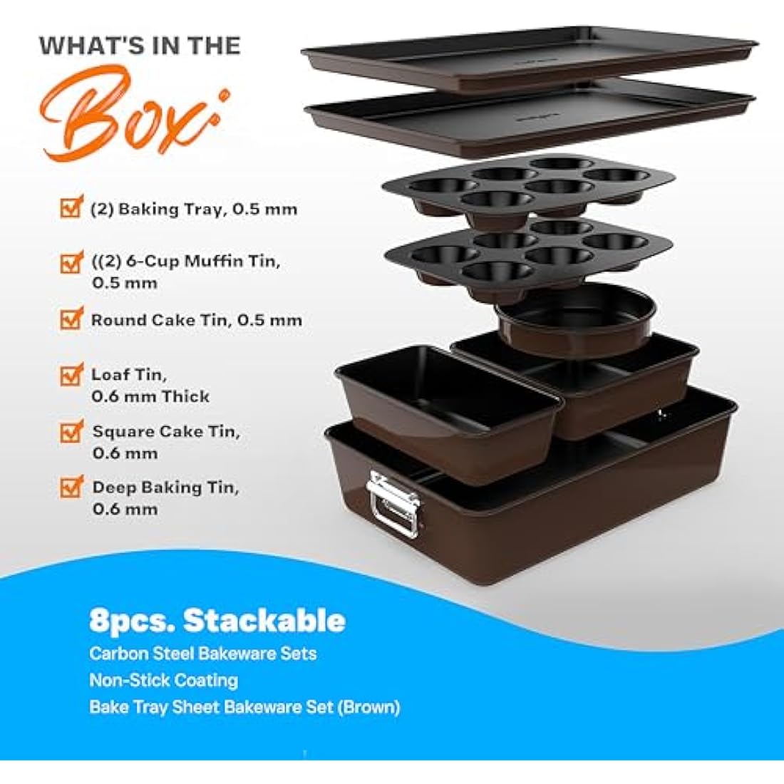 NutriChef Baking Tray Set, Stackable Bakeware Trays, Smart Space Stacking Baking Trays, 8 Pcs Non-Stick Oven Safe Baking Sets w/ Cookie, Loaf Pan, Pizza Pan, Muffin Tins, Cake Tin, Round/Square Pans