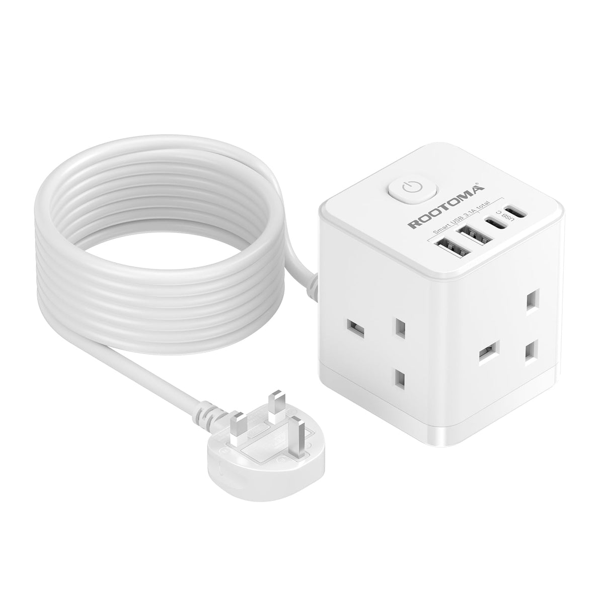 Extension Lead 5M with USB Slots, 3 Way Cube Power Extension with 4 USB (5V/3.1A 15.5W), Small Tower Extension Lead for Home, Office, Dorm Room,