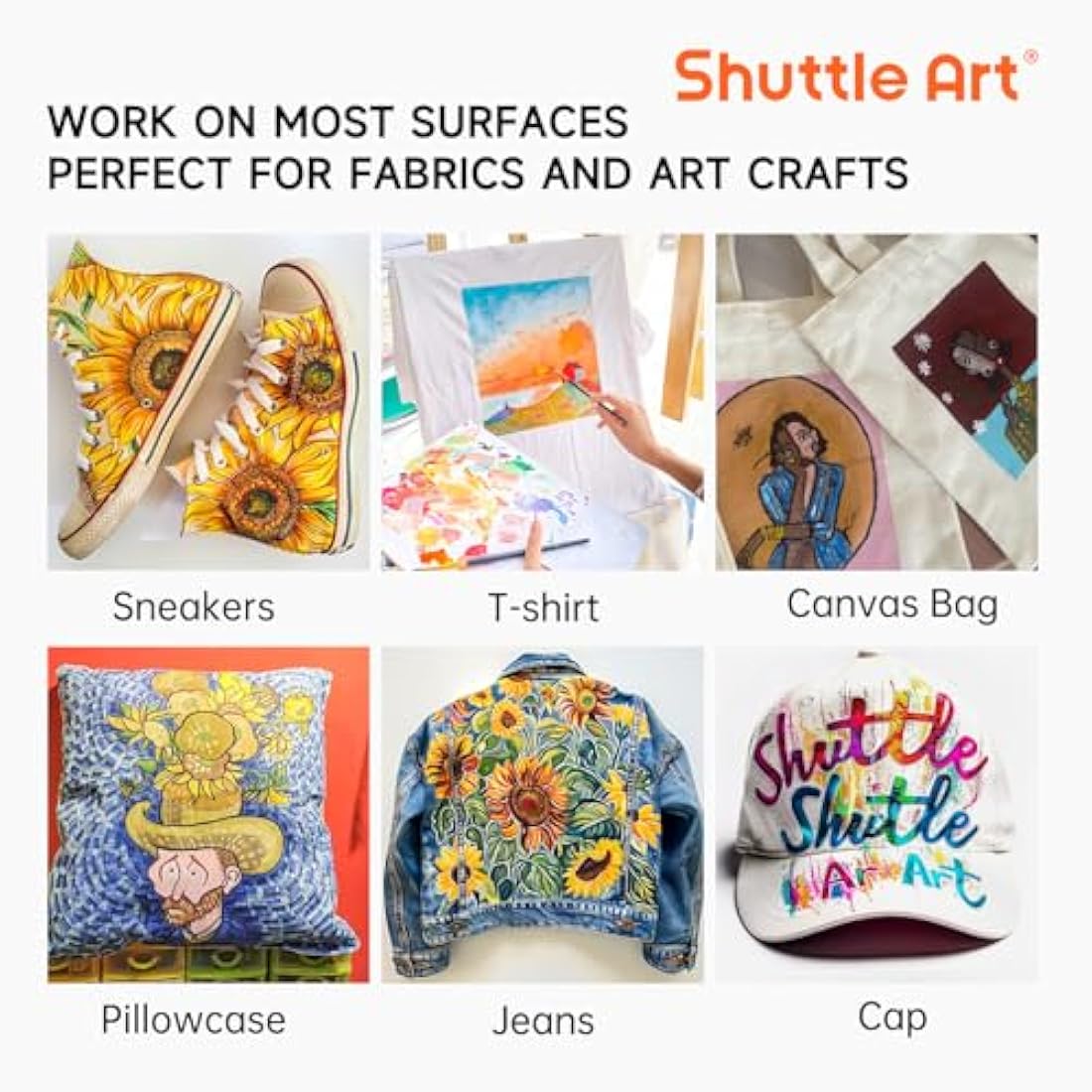 Shuttle Art Fabric Paint Permanent for Clothes, 18 Colours Fabric Paints in Bottles (60ml/2oz) with Brushes, Palette, Stencils, Non-Toxic Textile Paints for T-Shirt, Shoes, Bag, Jeans, No Heating Need