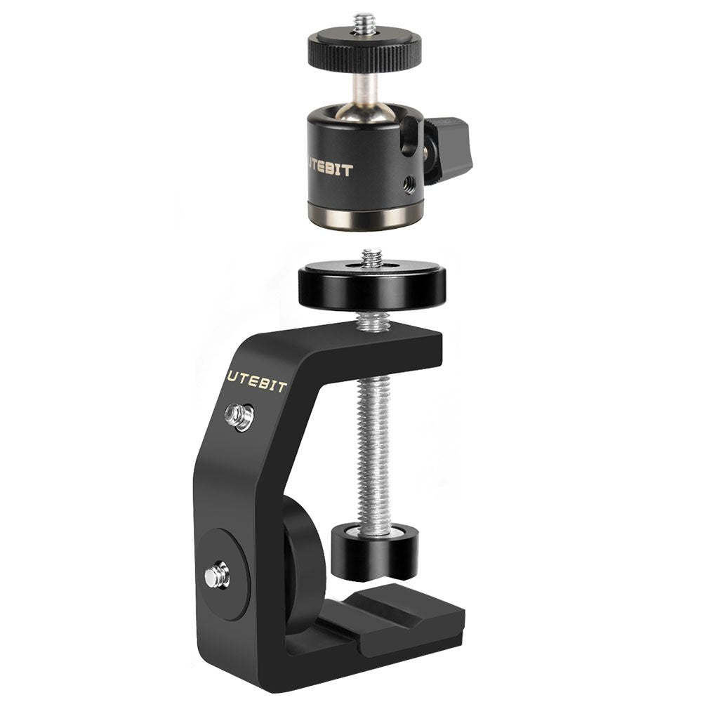UTEBIT C Clamp Camera Mount, 360? Swivel Mini Ball Head, Aluminum Alloy Desk Clamp, Max Load 1.5kg/3.3lbs, for DSLR, Webcam, Monitor, Flash Light,