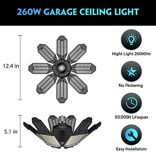 DEEIRAO LED Garage Ceiling Light, 260W 26000LM 6500K Deformable with 8+1 Adjustable Panels Commercia Bay Lamp for E26/E27 Screw Socket,Basement,Barn,Workshop,Attic (2 Packs)