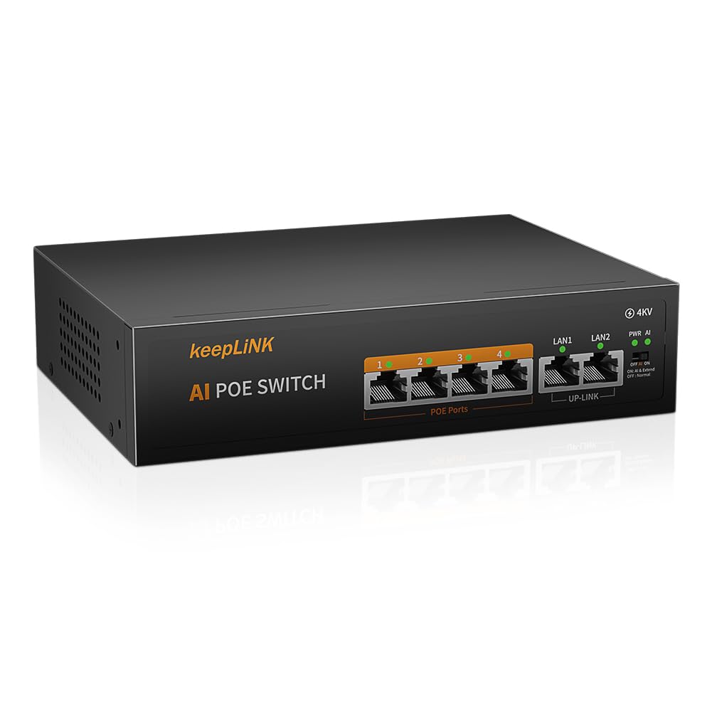 keepLiNK 6-Port 10/100Mbps Desktop Switch with 4-Port PoE+, 65W 802.3af/at, Extend Function, Metal Fanless, Unmanaged Plug and Play Network Ethernet
