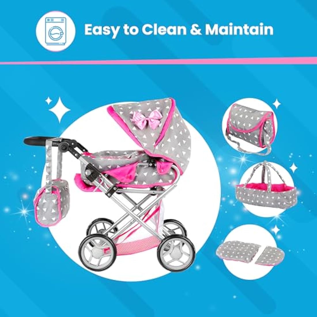 Kinderplay Dolls Pram | 3-in-1 Toy Pram | Baby Doll Pram - Toy Pushchair | Dolls Buggy | Dolls Pushchair | Doll Stroller with Adjustable Handle (36.5-64 cm), model KP0200S