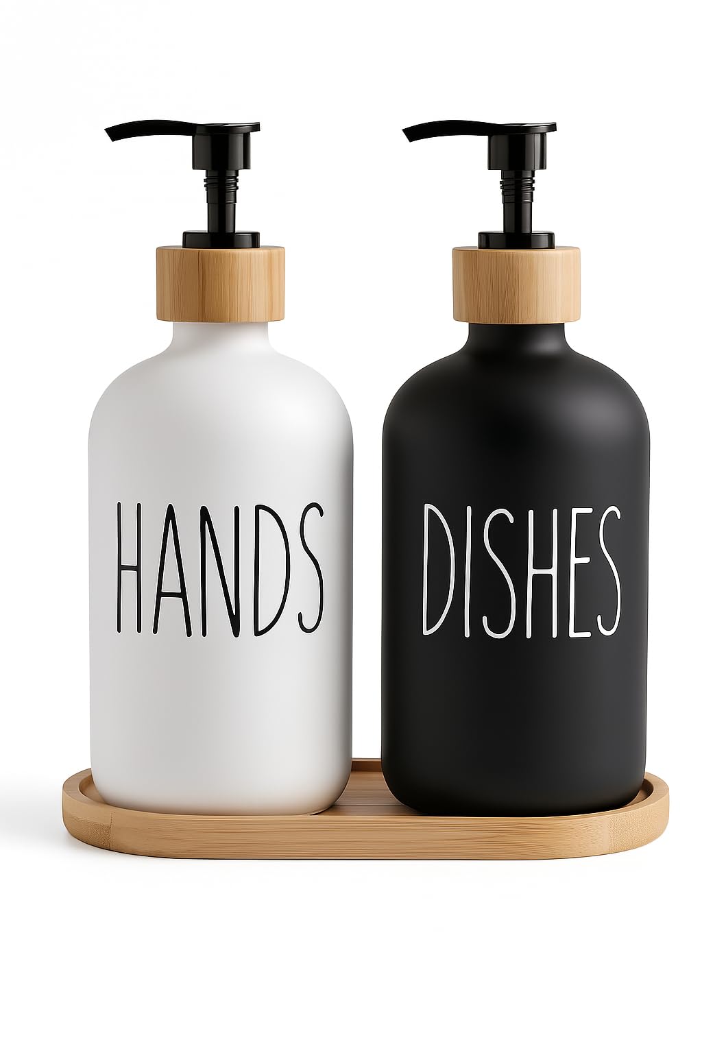 Beautiful Kitchen Hand and Dish Soap Dispenser Set with Wooden Base | Dispenses Dishsoap and Hand Wash Liquid | Black Fortified Glass Bottles with