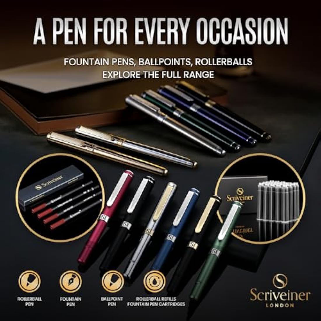 Scriveiner Red Lacquer Fountain Pen Stunning Pen with Chrome Finish, Schmidt Gilded Nib (Medium), Best Pen Gift Set for Men & Women, Professional, Executive, Office, Nice Pens