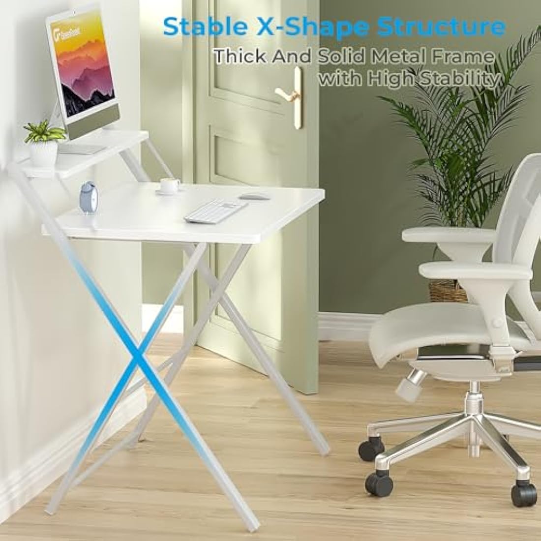 GreenForest Foldable Desk No Assembly Required,Small Desk with Monitor Shelf,Computer Desk for Small Space,White