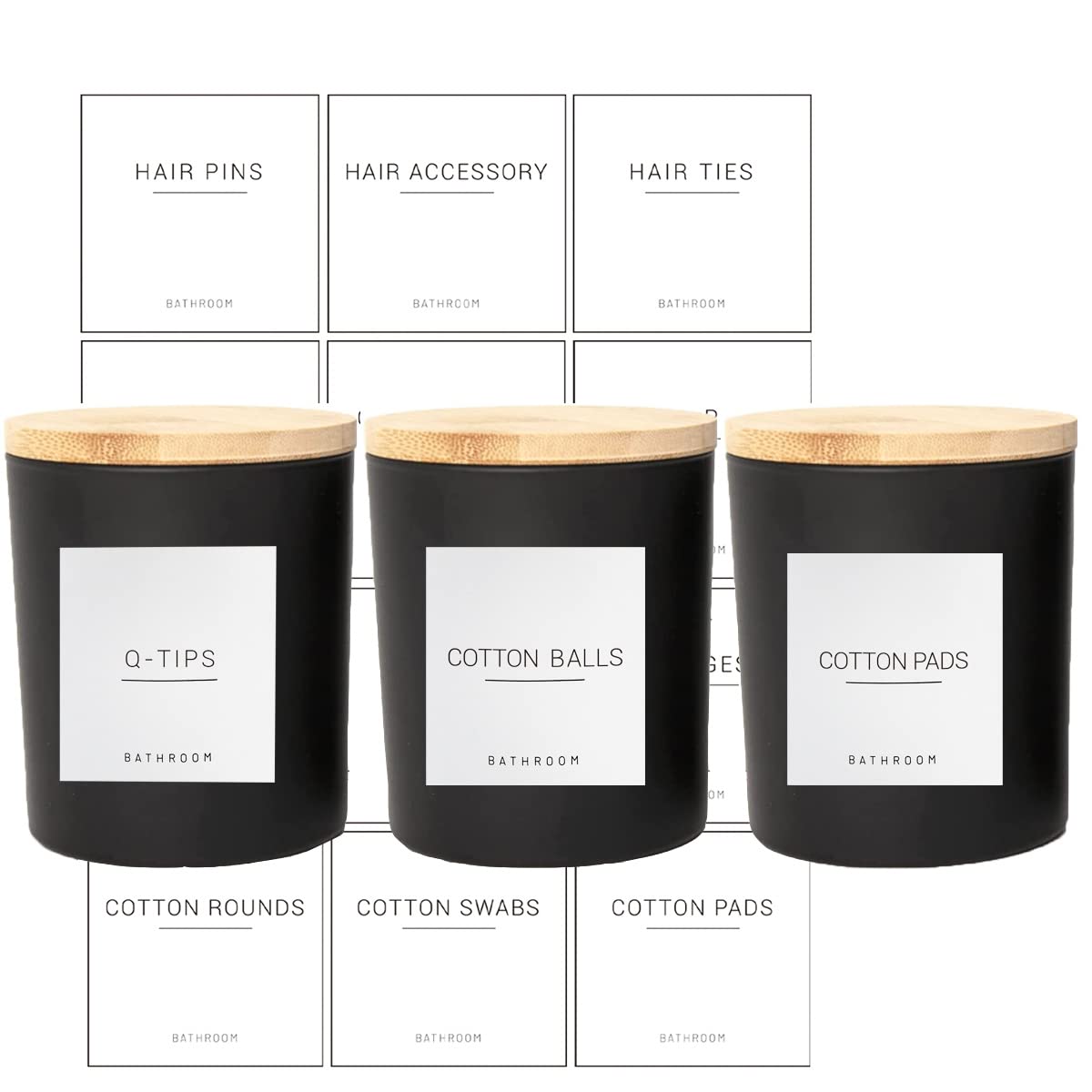 3PCS Modern 13.53oz Black Bathroom Canisters with 12 Labels & Wooden Lid Thick Glass Jar Set Qtip Holder for Cotton Ball & Pads Storage Organization