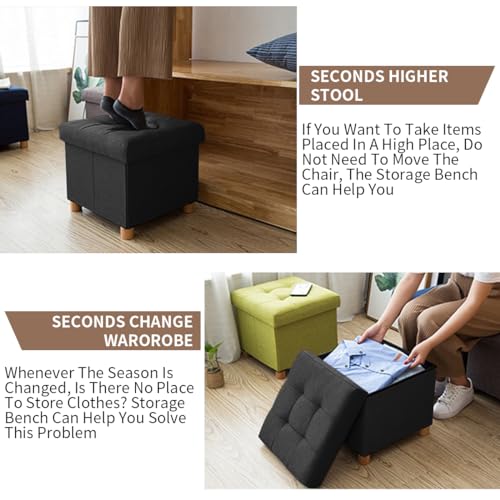 BRIAN & DANY Folding Ottoman Storage Box with Wood Legs, Linen Foot Stool, Footstool with Storage, Highly Elastic Sponge Filling, Black, 38 x 38 x 38