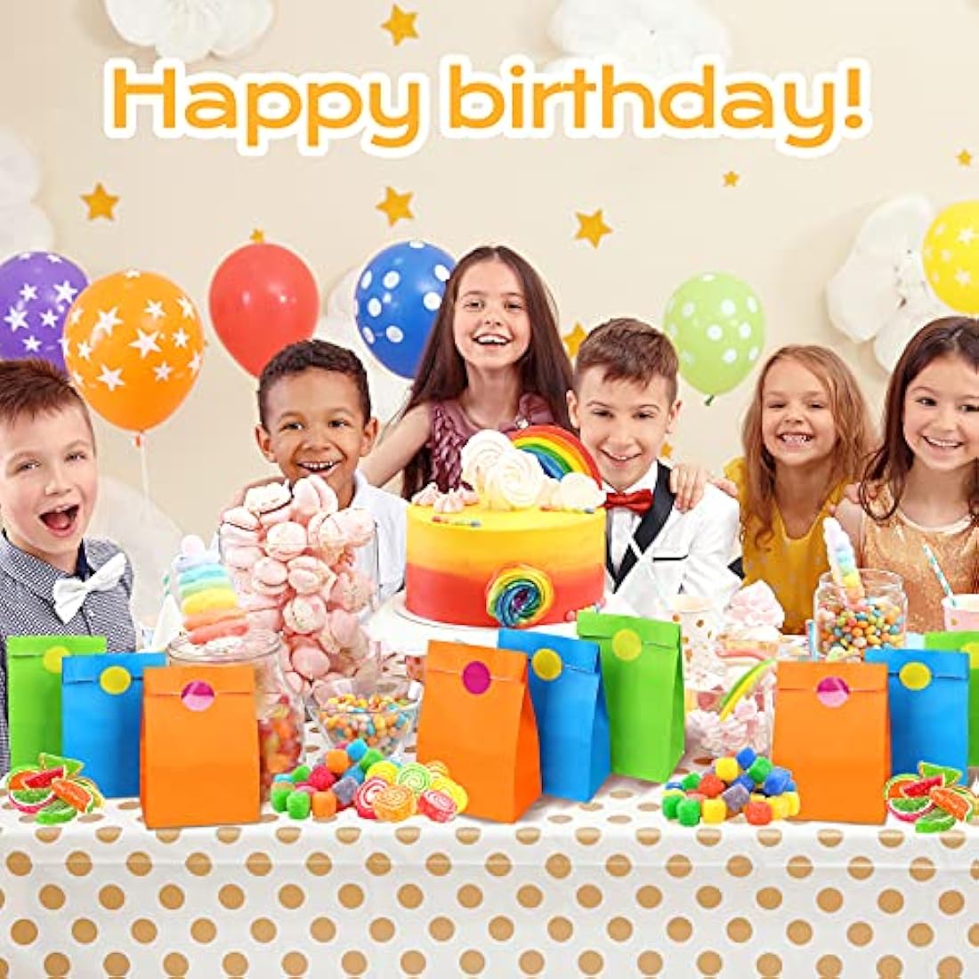 50 PCS Paper Party Bags for Kids, TOOELMON Multi-Color Kraft Paper Gift Bags Candy Goodie Treat Bags with 60 PCS Stickers for Halloween, Christmas, Birthday, Wedding Parties (130 * 80 * 240mm)