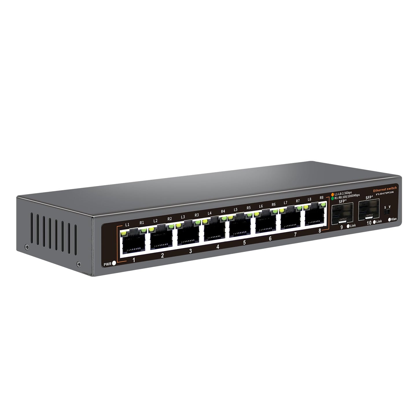 10 Port 2.5G Unmanaged Ethernet Switch, 8 x 2.5G Base-T Ports, 2 x 10G SFP, For 100/1000/2500Mbps, VLAN, Fanless 2.5G Network Switch Desktop/Wall