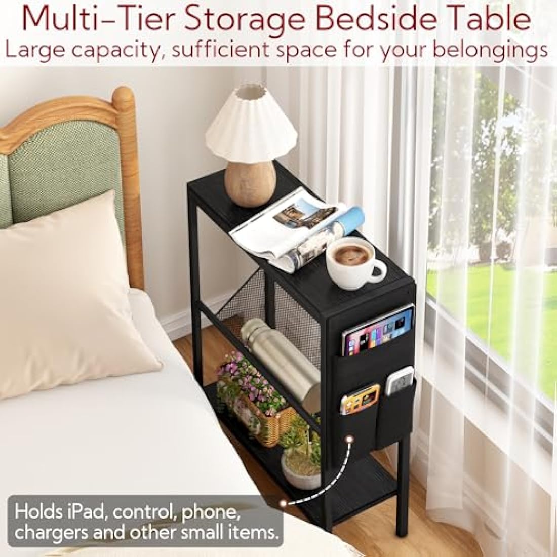 Yusong Small Narrow Side Table for Small Spaces, Slim End Table with Storage Bag, Sofa Snack Table with Adjustable Metal Mesh, 3 Tier Accent Skinny Beside Table for Living Room & Bedroom, Black Oak