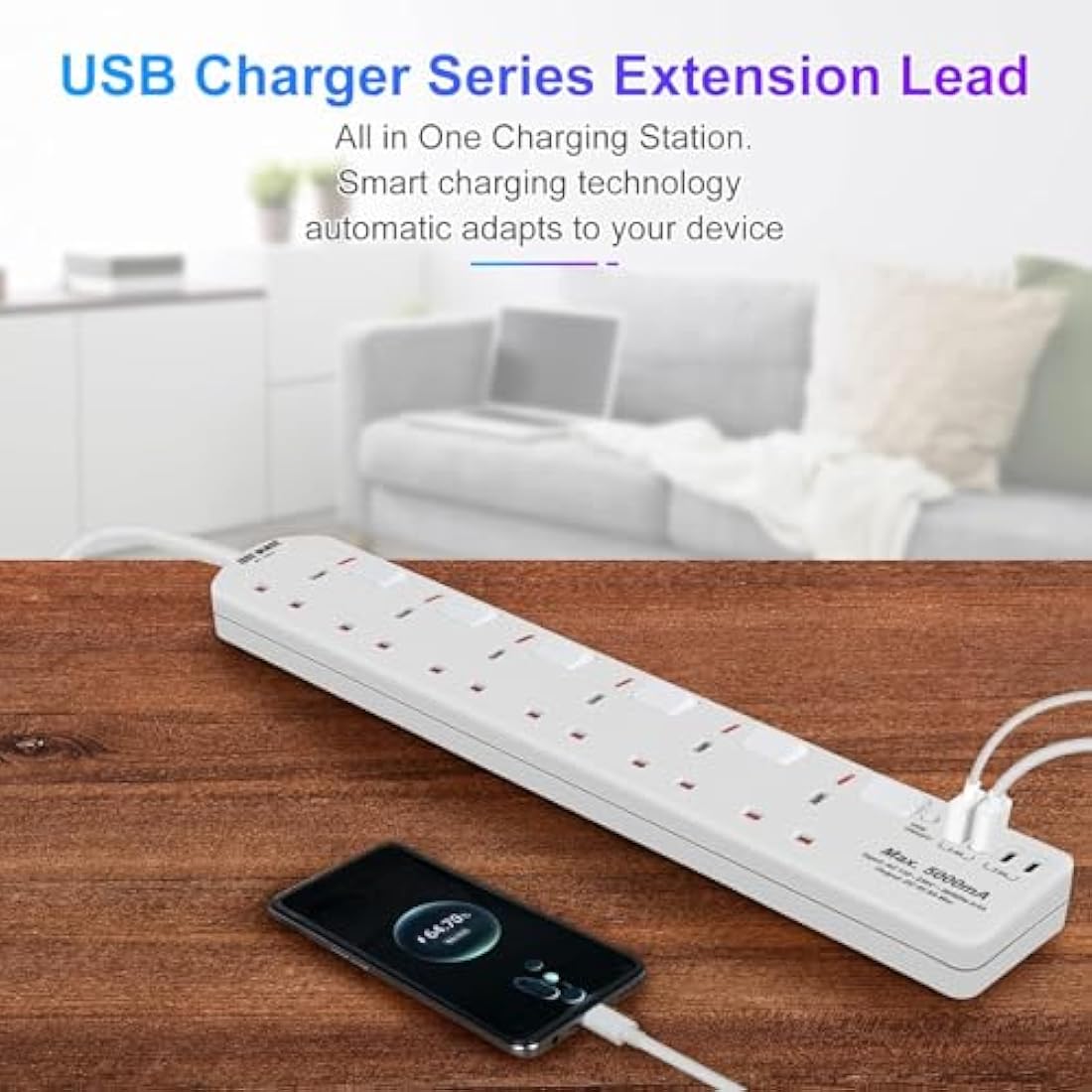 SE UKASE Extension Lead with USB Slots(5V/5A), 6 Way Plug Sockets with Individual Switches USB and Type C, Wall Mount Design with 2M Extension Cable 2990W