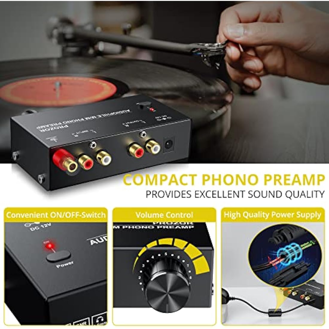 PROZOR Phono Preamp - Preamplifier for M/M Turntable RCA Input & RCA 3.5mm Output Phono Amplifier with Volume Control Pre AMP with 12V 1A Power Adapter Only for M/M Turntable Record Player