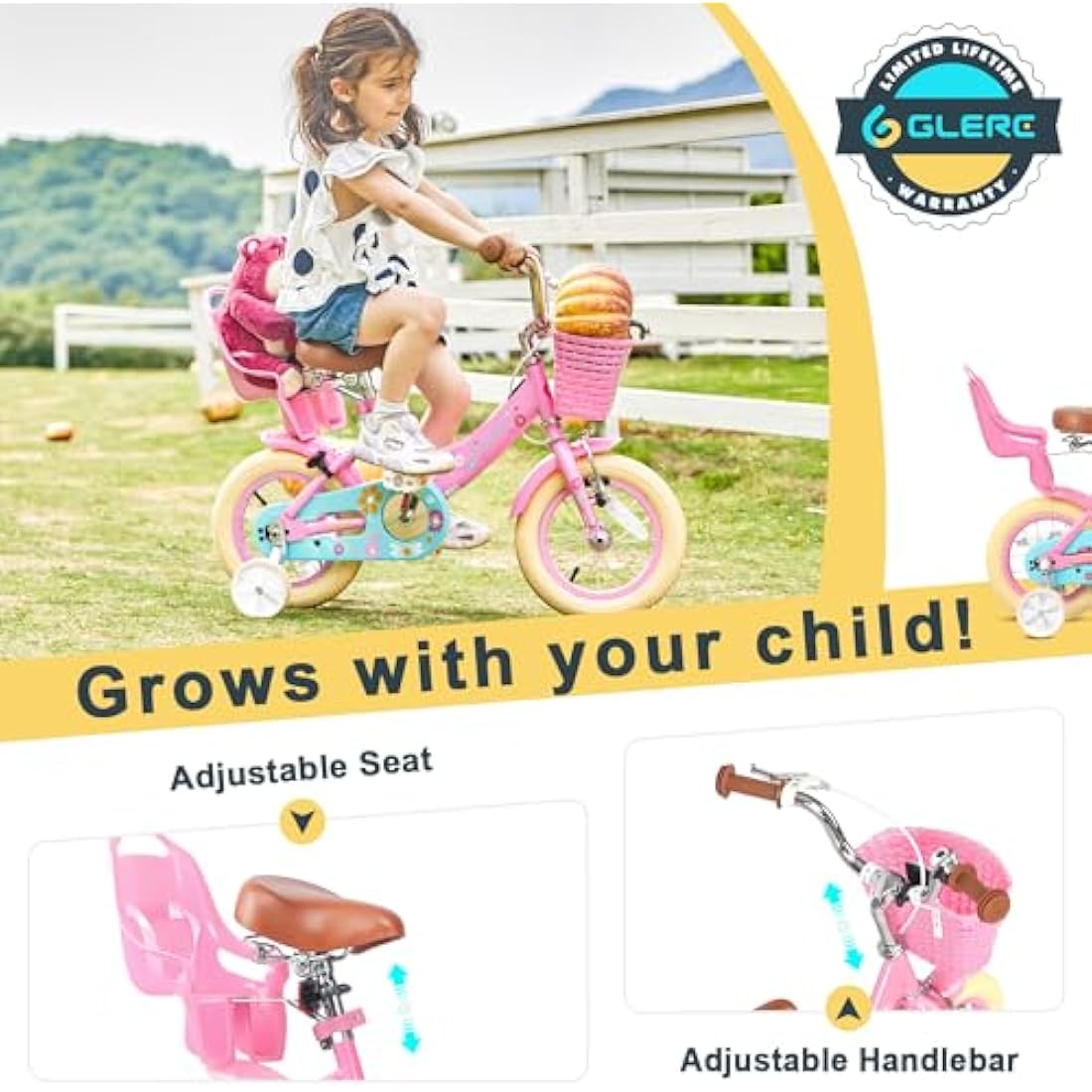 Glerc Maggie 14 Inch Kids Bike for 2-13 Years Old, Girls Bicycle with Doll-Seat & Basket & Stabilisers & Kickstand, Multiple Colors