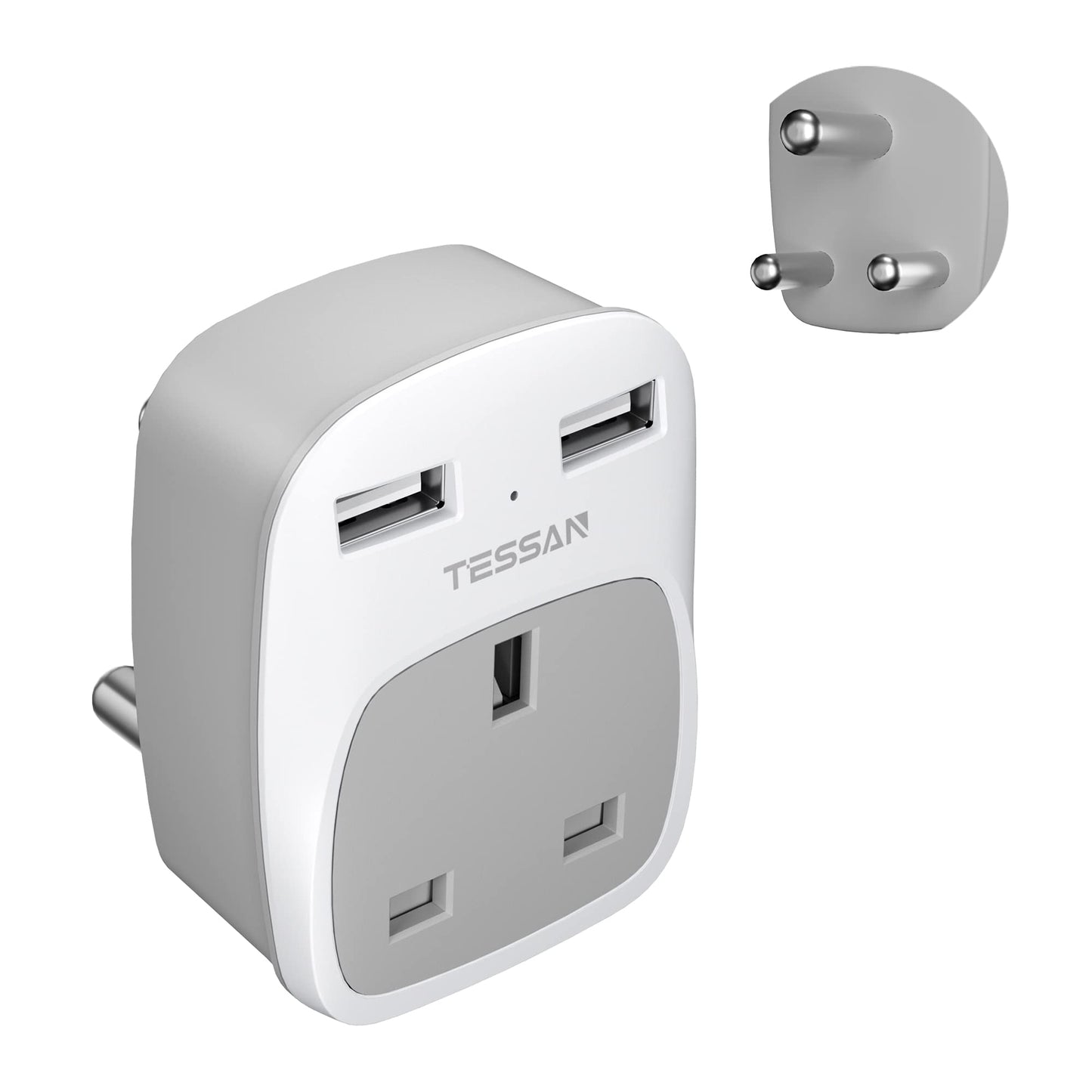UK to India Plug Adapter with 2 USB, TESSAN India Travel Adapter 3 Pin Type D Plug, Grounded Socket Adaptor UK to Sri Lanka, Pakistan, Burma,