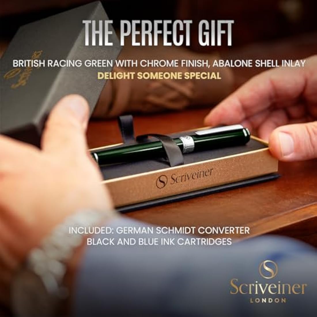 Scriveiner British Racing Green Fountain Pen - Stunning Luxury Pen with Chrome Finish, Schmidt Nib (Medium), Best Pen Gift Set for Men & Women, Professional, Executive, Office, Nice Pens