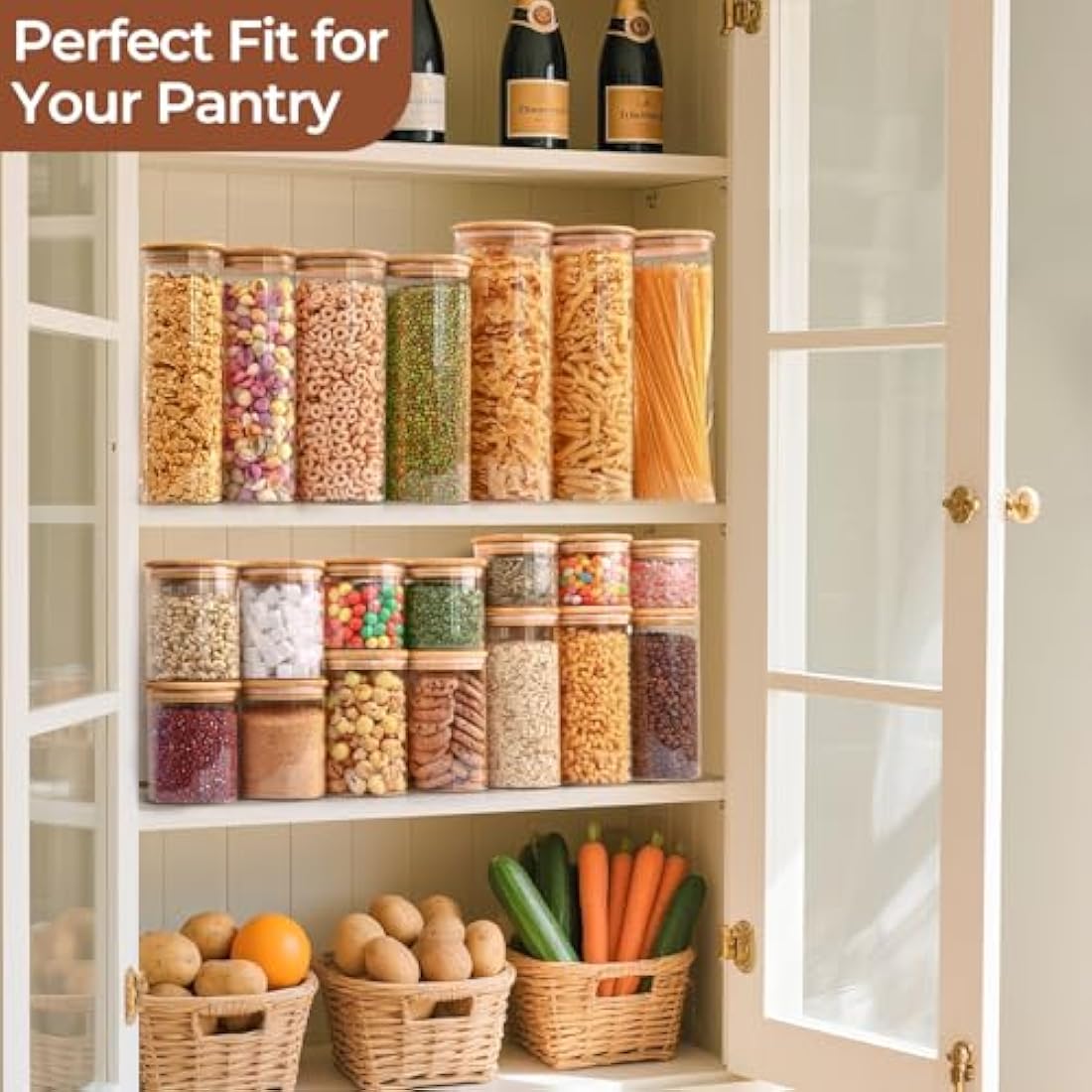 ComSaf Airtight Glass Food Storage Jars Set of 6, 600ml Clear Glass Food Storage Container with Sealing Wooden Lid, Stackable Spice Jar, Round Kitchen Canister for Sugar, Tea, Coffee bean, Pasta