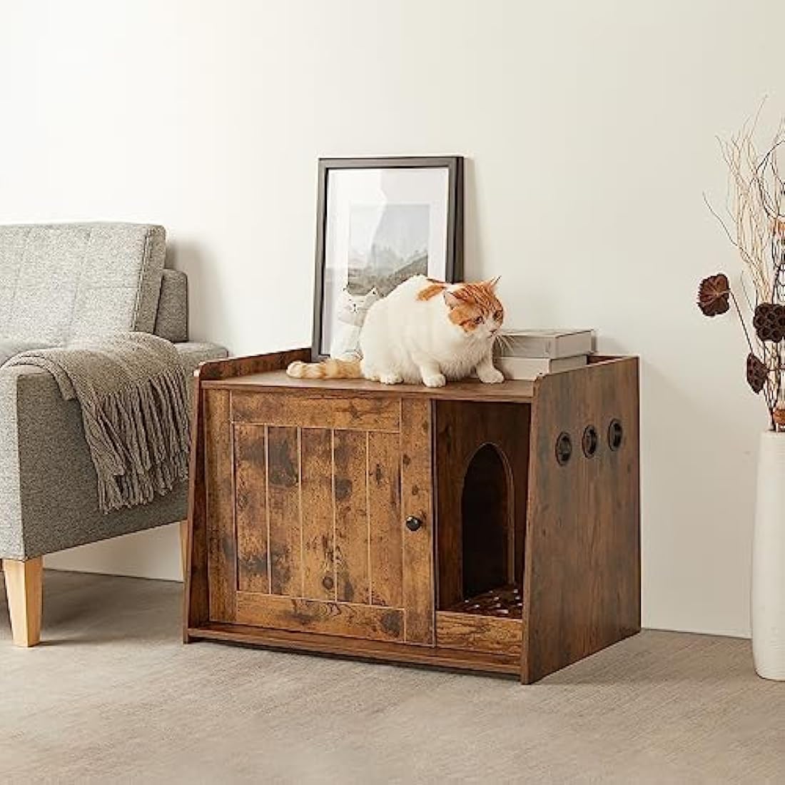 Mondeer Cat Litter Box Enclosure, Wooden Kitty Hidden Washroom Toilet with Door and Holes, Industrial Indoor Cat Houses for Living Room Bedroom Hallway, Rustic Brown