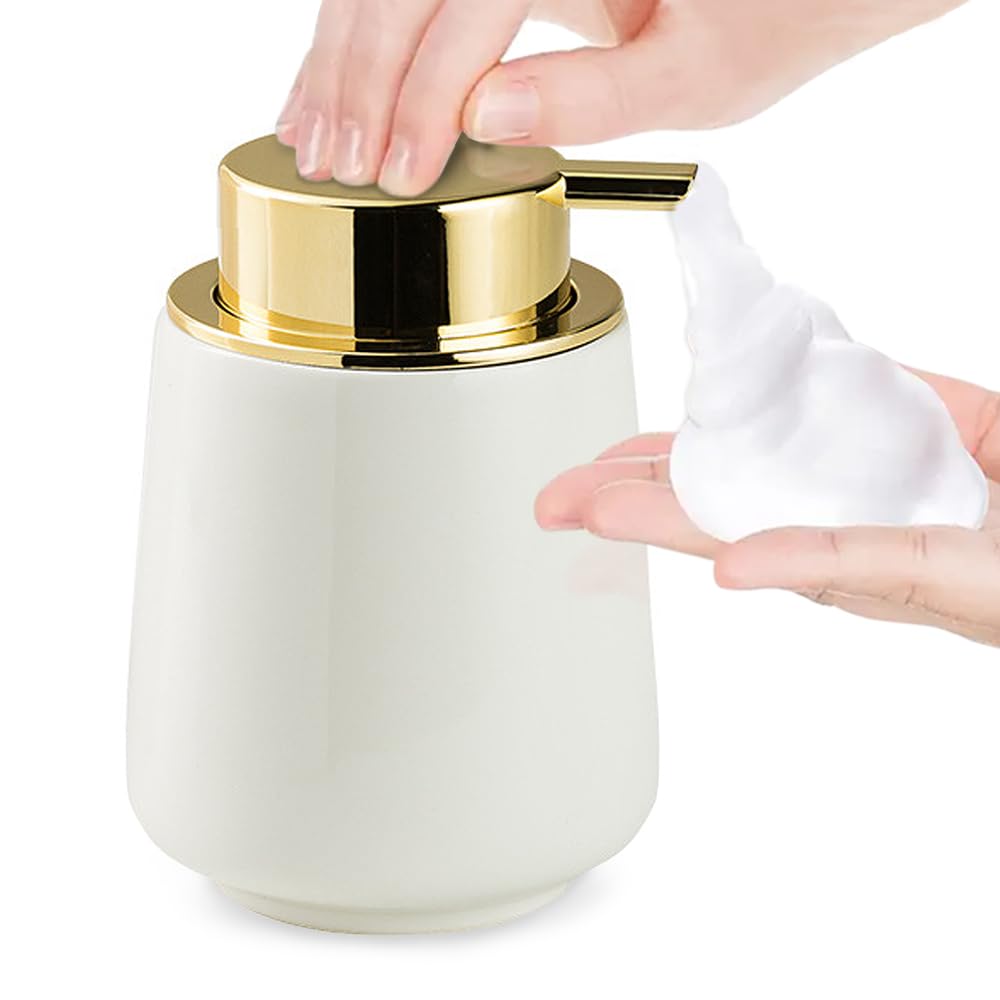 Modern Foam Soap Dispenser for Bathroom, Chic Ceramic Bottle, Gold Soap Dispenser Pump (White)