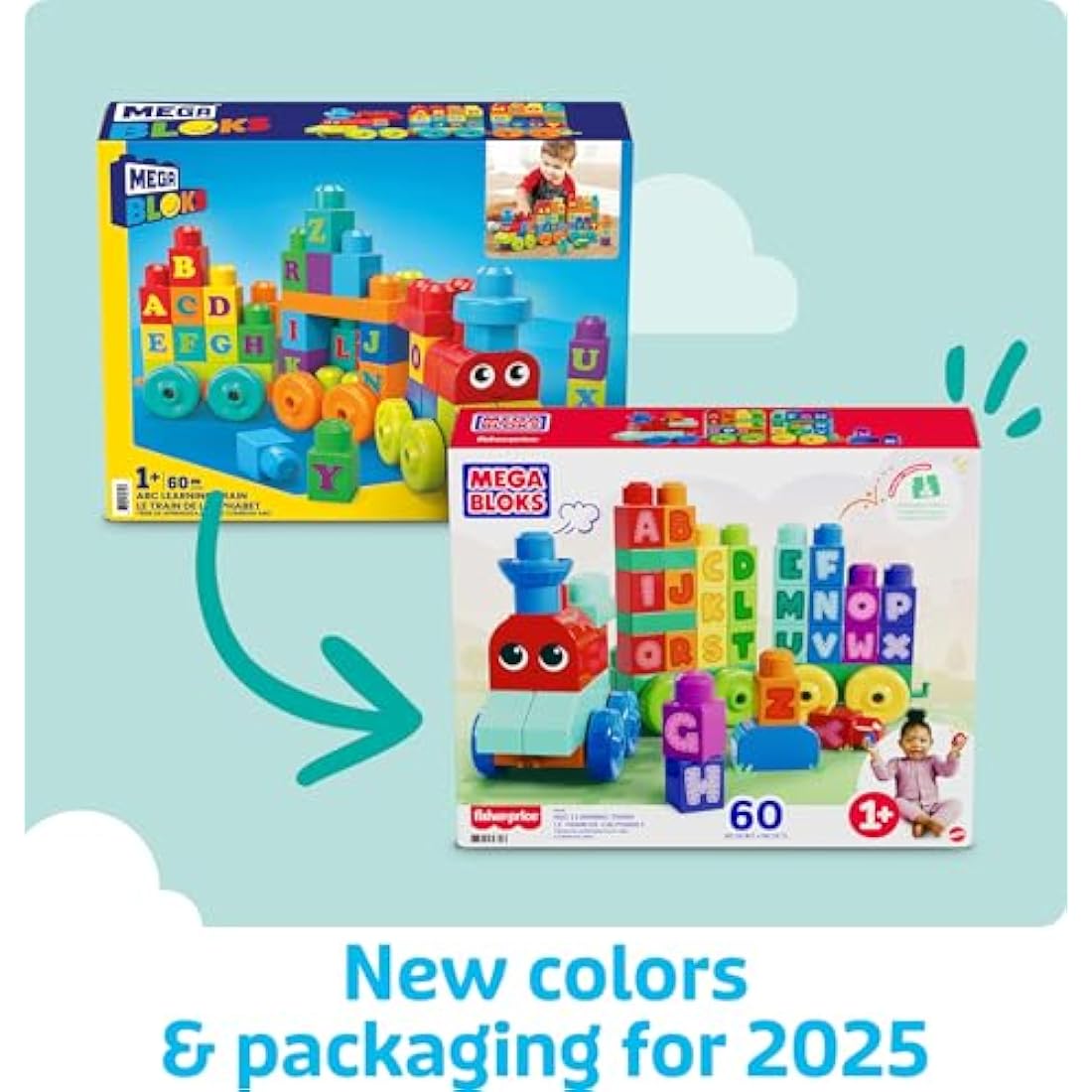 MEGA BLOKS First Builders Toddler Building Blocks Toy Set, ABC Learning Train with 60 Pieces, Ages 1+ Years, DXH35