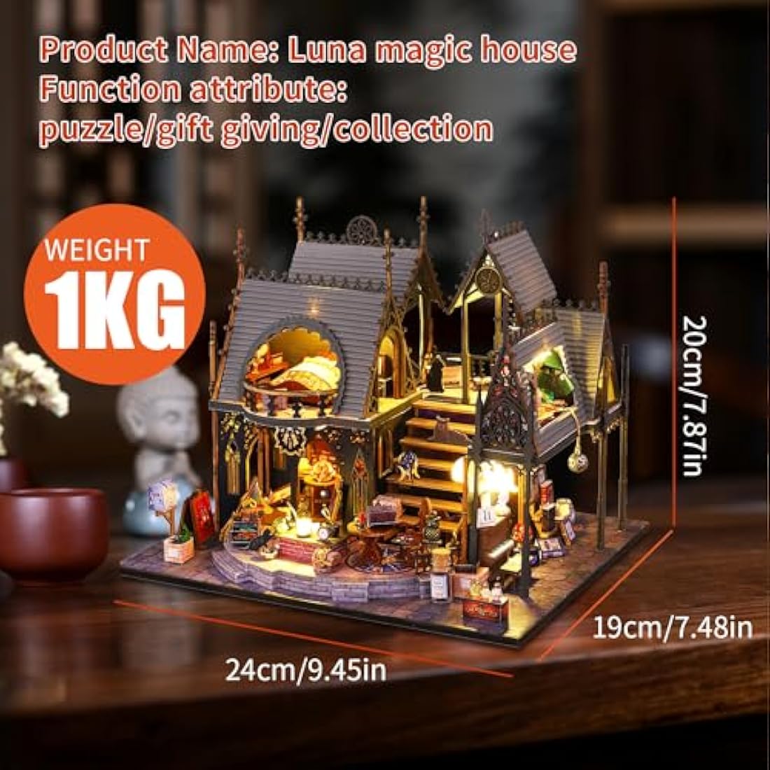 CRIOLPO DIY Doll Miniature House Kit, Book Nook Kit Doll house Miniature with Furniture DIY Wooden Crafts Mini Handmade Kit 3D Wooden Puzzle with Sensor Led Light (Luna's Magic House)