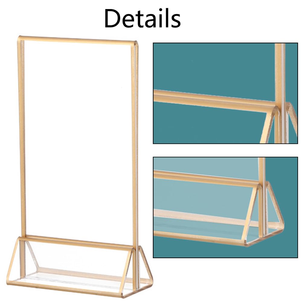 SagaSave 12Pcs Clear Acrylic Picture Table Stand with Gold Frames, 42x127x180mm, Double-sided Display, Gold Frame