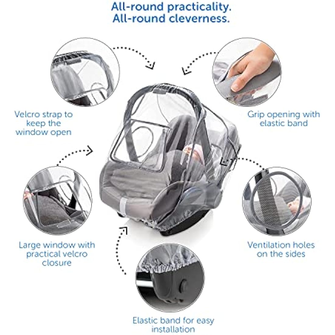ZAMBOO Universal Car Seat Rain Cover with Quick-Access Window (to fit Maxi COSI/Cybex/Graco/Joie/Nuna e.g.) - Baby Car Seat Rain Cover, Dual Side Ventilation, Handle Opening - Grey