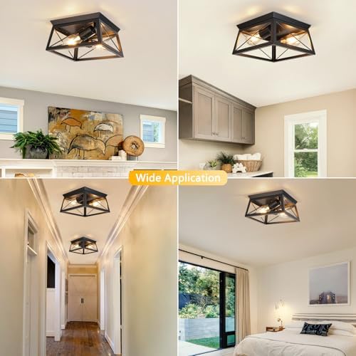 FORCOSO Black Ceiling Lights 2 Lights - Modern Industrial Ceiling Lamp E27 Flush Mount LED Metal Cage Vintage Ceiling Light Fixture for Living Room Bedroom Kitchen Hallway - NO Bulb