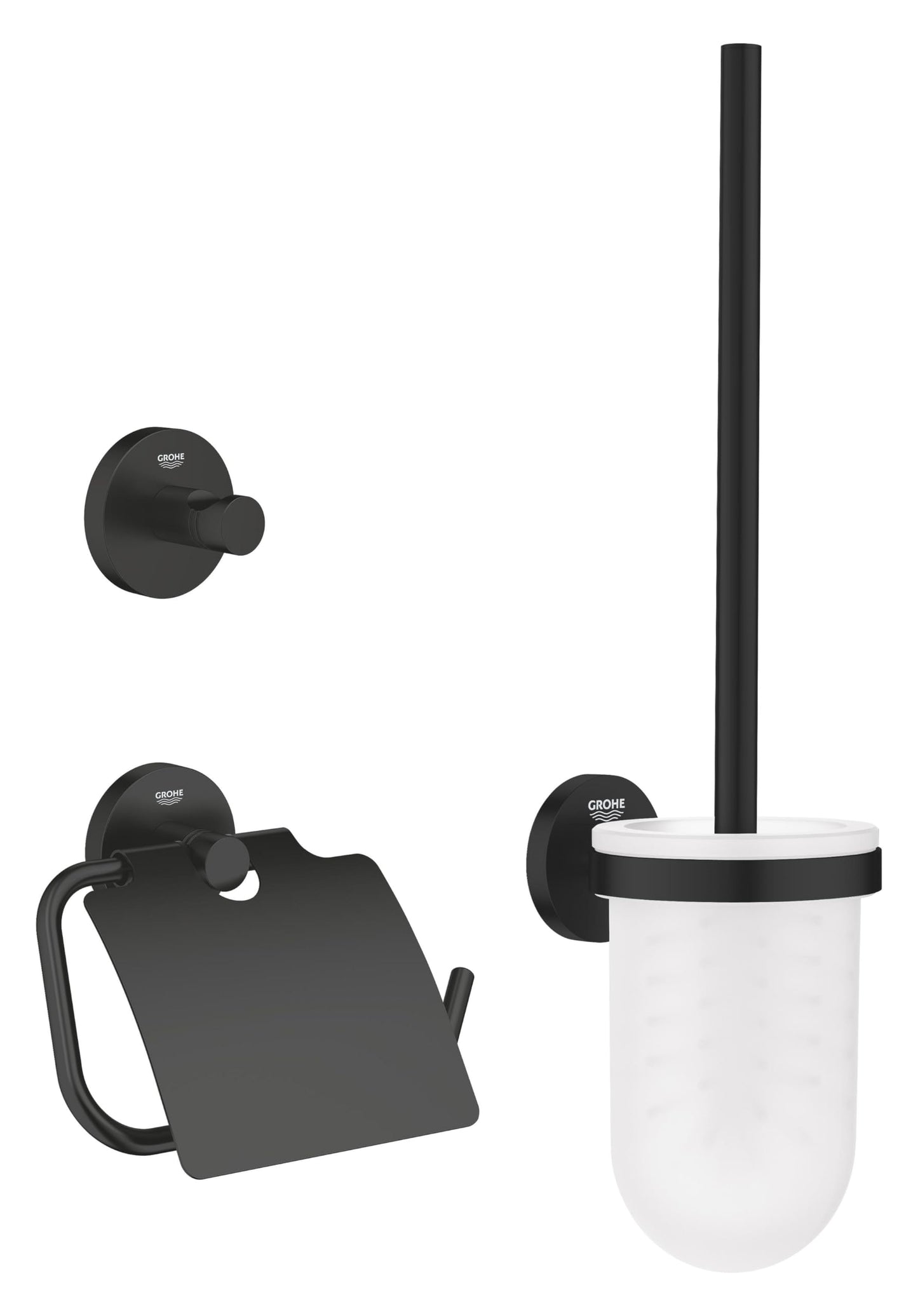 GROHE Start QuickFix 3-in-1 Toilet Accessories Set (Toilet Roll Holder with Cover, Toilet Brush, Robe Hook), Extra Easy to Fit with GROHE QuickGlue,