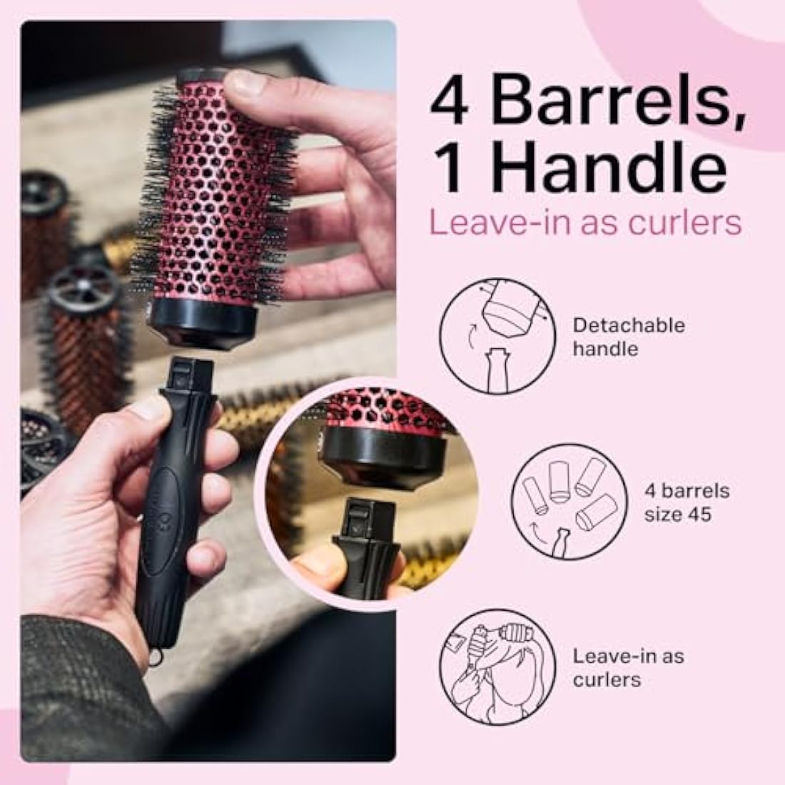 Olivia Garden Multibrush Curlers Kit - Size 45-4 Barrels of the Same Size & 1 Handle - Leave-In Barrels perfect for Curls and Volume
