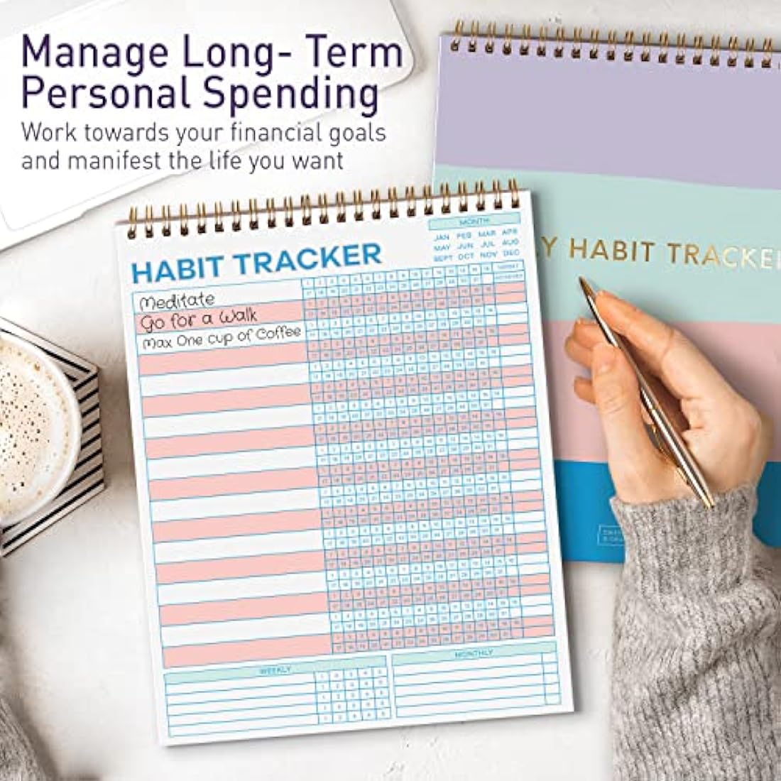 S&O Striped Habit Tracker Calendar - 24 Month Daily task Journal - Undated Routine Planner with Personalized Goal Chart for Health, Fitness & Finance - Weekly Chore Chart for Adults