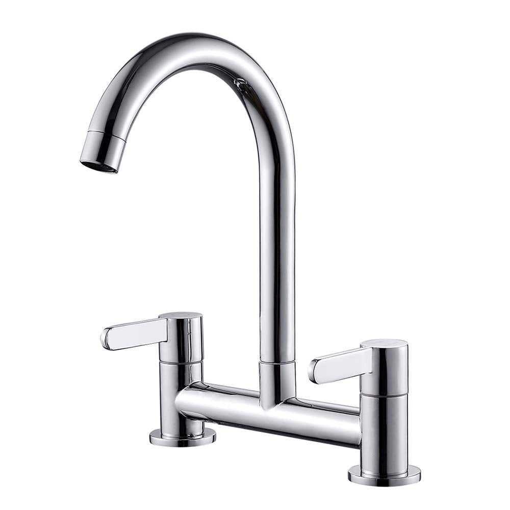 Kitchen Sink Mixer Taps, 2 Hole Kitchen Faucet, 360? Swivel Spout Dual Lever Sink Mixer Tap, Deck Mounted Kitchen Taps, Cold and Hot Mixer Tap, Sink