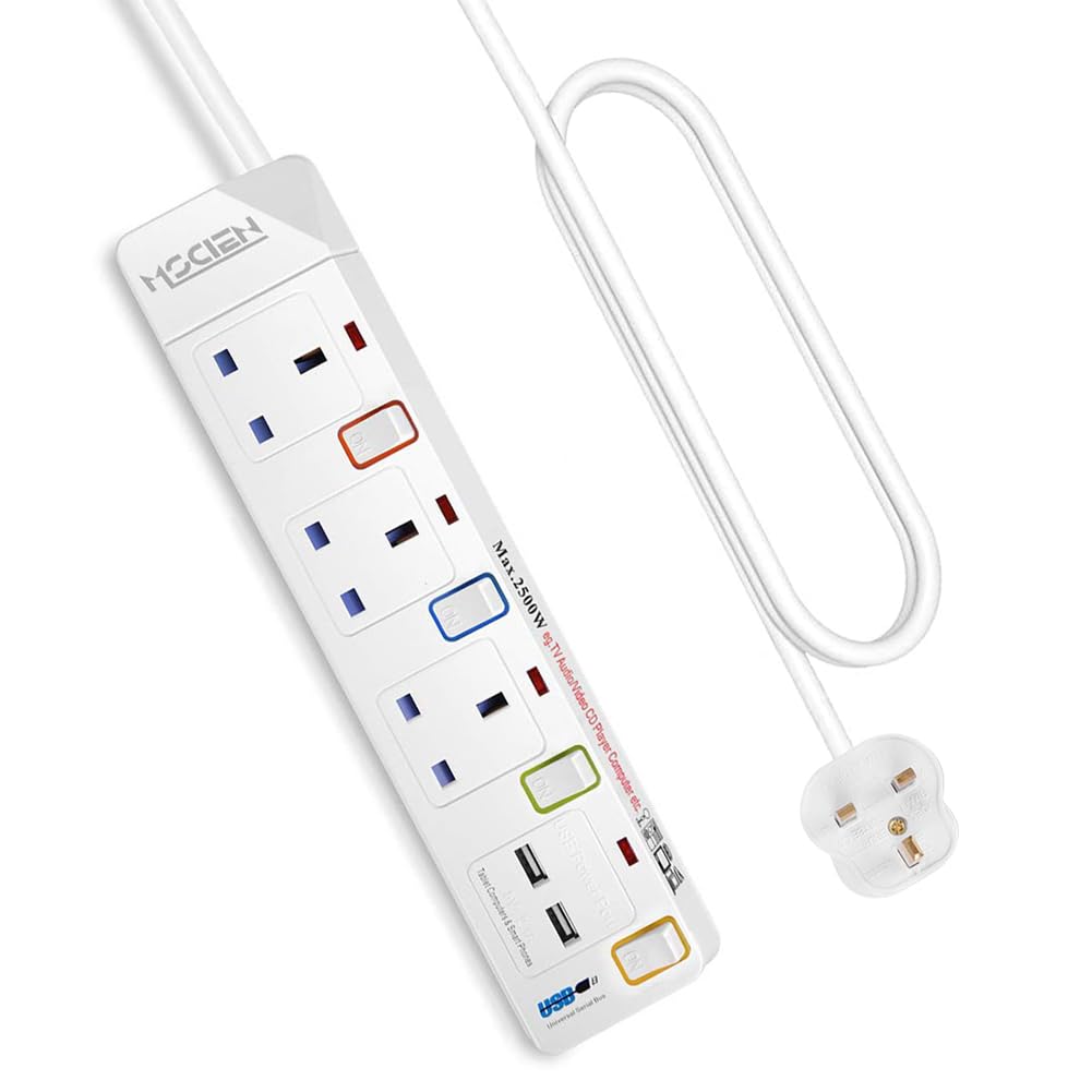 3 Way Extension Lead with 2 USB Slots, Mscien 3M Extension Lead, Multi Plug with Individual Switches Power Strips, Mountable Extension Cord for Home